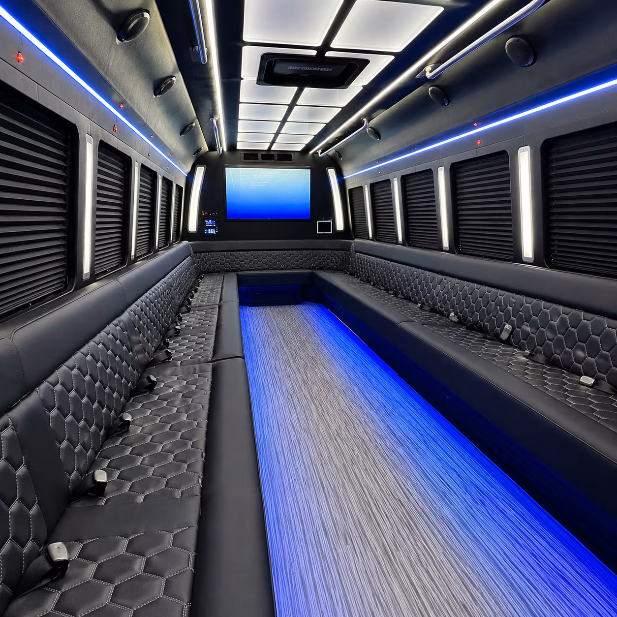 flower mound 50 passenger party bus inside